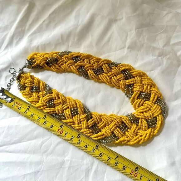 Yellow and silver tone seed beaded statement necklace - Picture 4 of 6
